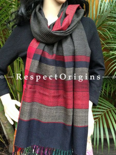 Kullu Handloom Pure Woolen Warm and Soft Traditional Himachal Stole for Girls and Women; Black With Grey and Red Stripes; RespectOrigins.com