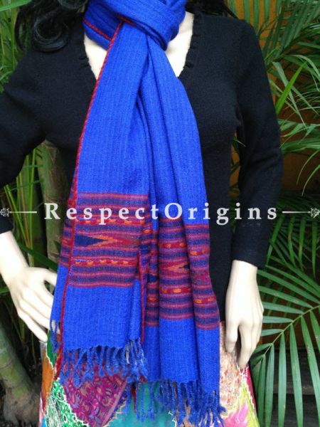 Blue Handwoven Embroidery FRinged Kullu Handloom Pure Woolen Warm and Soft Traditional Himachal Stole for Girls and Women; With Red Borders; RespectOrigins.com
