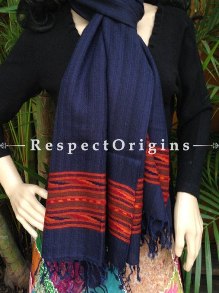 Blue FRinged Kullu Handloom Pure Woolen Warm and Soft Traditional Himachal Stole for Girls and Women; With Red Hand Woven Borders; RespectOrigins.com