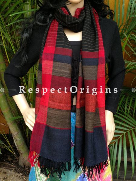 Black Handwoven FRinged Kullu Handloom Pure Woolen Warm and Soft Traditional Himachal Stole for Girls and Women; With Grey