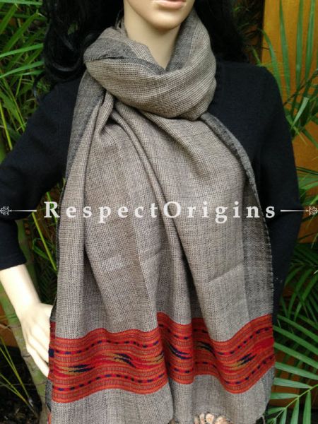 Grey FRinged Kullu Handloom Pure Woolen Warm and Soft Traditional Himachal Stole for Girls and Women; With Red Handwoven Borders; RespectOrigins.com