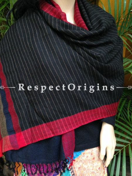 Black Handwoven FRinged Kullu Handloom Pure Woolen Warm and Soft Traditional Himachal Stole for Girls and Women; With Blue, Red and Grey Borders; RespectOrigins.com