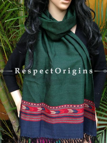Green Handwoven Embroidery FRinged Kullu Handloom Pure Woolen Warm and Soft Traditional Himachal Stole for Girls and Women; RespectOrigins.com