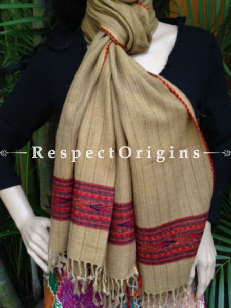 Beige Handwoven FRinged Kullu Handloom Pure Woolen Warm and Soft Traditional Himachal Stole for Girls and Women; RespectOrigins.com