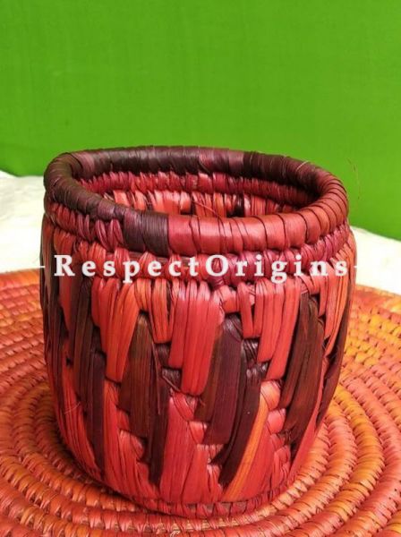 Pair of Handwoven Moonj Grass Pen Stand; Eco-friendly Cylindrical Shape With Warm Red Zig Zag Design; RespectOrigins