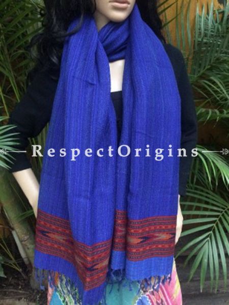 BLue Handwoven Pure Woolen Kullu Shawls From Himachal with Red Borders; 40x84 In; RespectOrigins.com