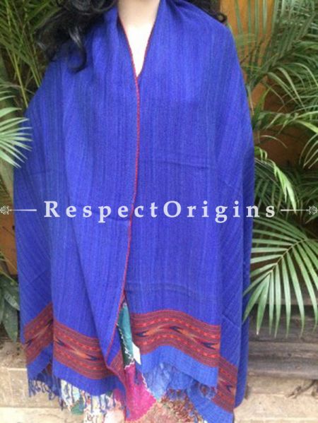 BLue Handwoven Pure Woolen Kullu Shawls From Himachal with Red Borders; 40x84 In; RespectOrigins.com