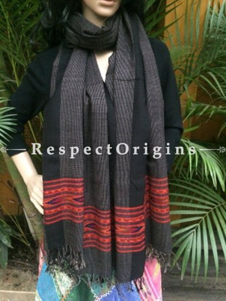 Black Handwoven Pure Woolen Kullu Shawls From Himachal with Red Borders; 40x84 In; RespectOrigins.com