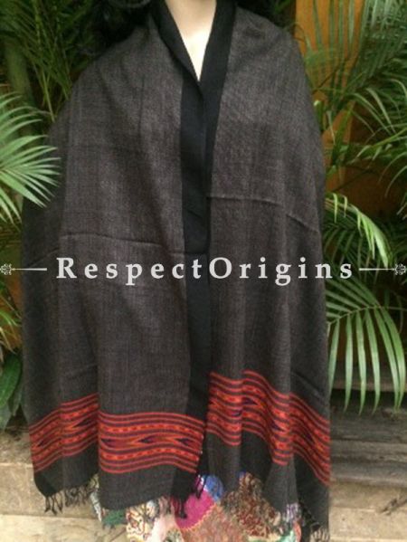 Black Handwoven Pure Woolen Kullu Shawls From Himachal with Red Borders; 40x84 In; RespectOrigins.com