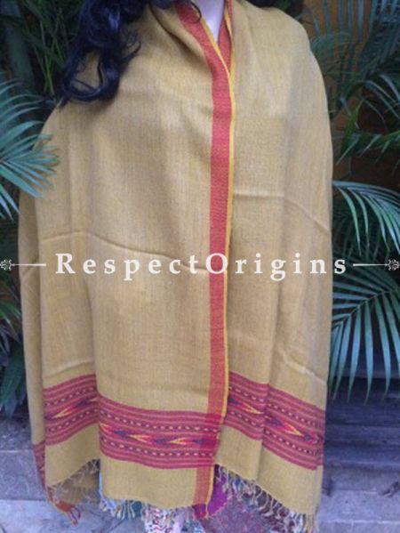 Yellow Handwoven Pure Woolen Kullu Shawls From Himachal with Red Borders; 40x84 In; RespectOrigins.com