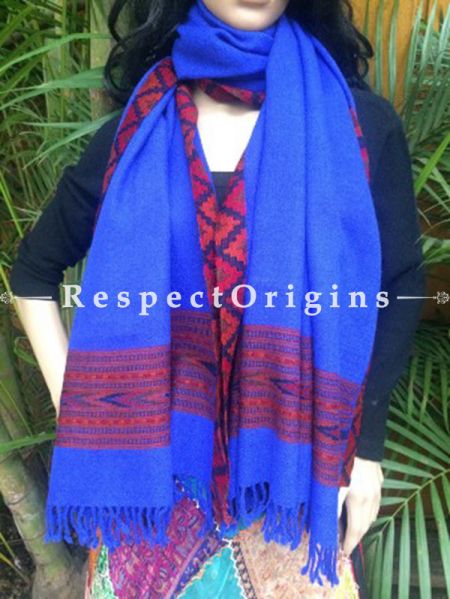 Classic Blue Handwoven Pure Woolen Kullu Shawls From Himachal with Red Borders; 40x84 In; RespectOrigins.com