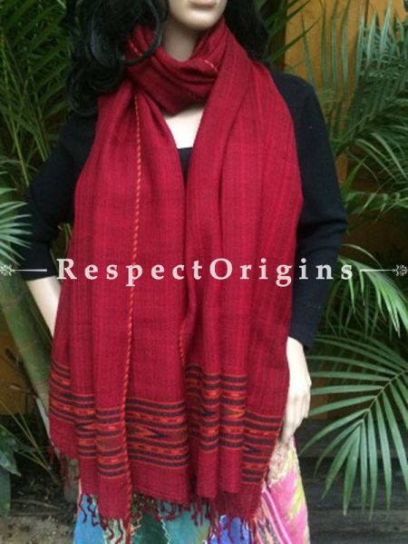 Red Handwoven Kullu Handloom Pure Woolen Warm and Soft Traditional Himachal Shawl for Women; 40x84 In; RespectOrigins.com