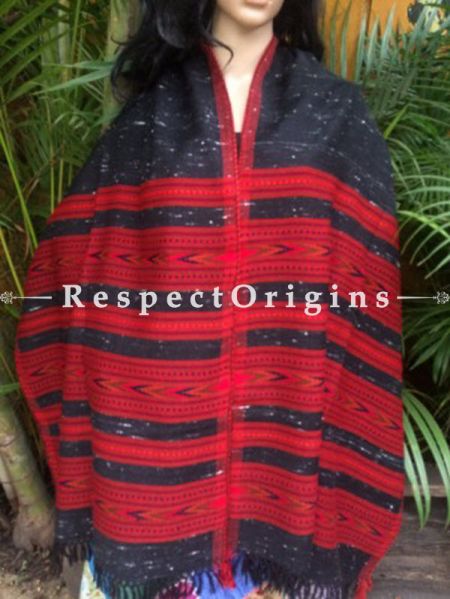 Black Handwoven Pure Woolen Kullu ShawlsFrom Himachal with Multiple Red Borders; 40x84 In; RespectOrigins.com