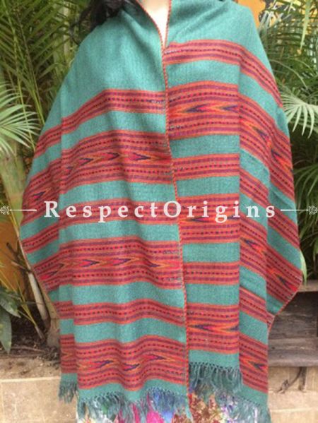 Green Handwoven Pure Woolen Kullu Shawls From Himachal with Multiple Red Borders; 40x84 In; RespectOrigins.com