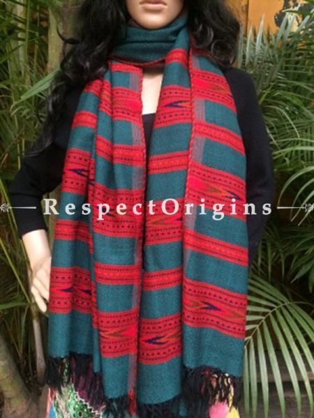 Fabulous Green Handwoven Pure Woolen Kullu Shawls From Himachal with Multiple Red Borders; 40x84 In; RespectOrigins.com