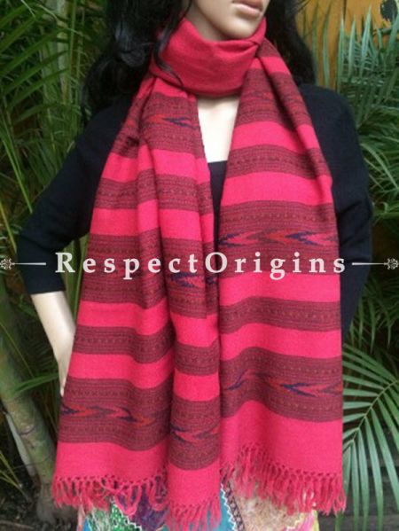Pink Handwoven Pure Woolen Kullu Shawls From Himachal with Multiple Borders; 40x84 In; RespectOrigins.com