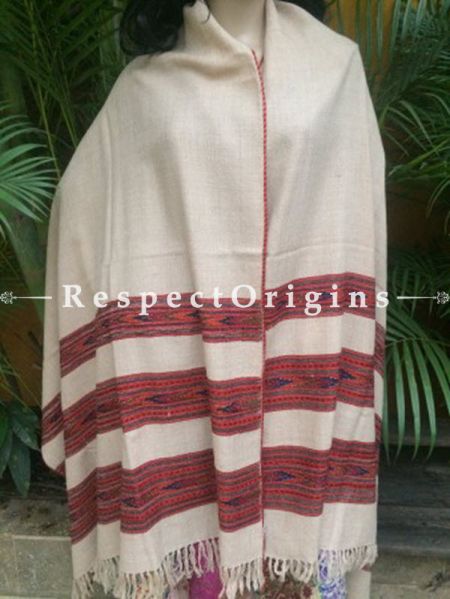 Beige Handwoven Pure Woolen Kullu Shawls From Himachal with Multiple Red Borders; 40x84 In; RespectOrigins.com