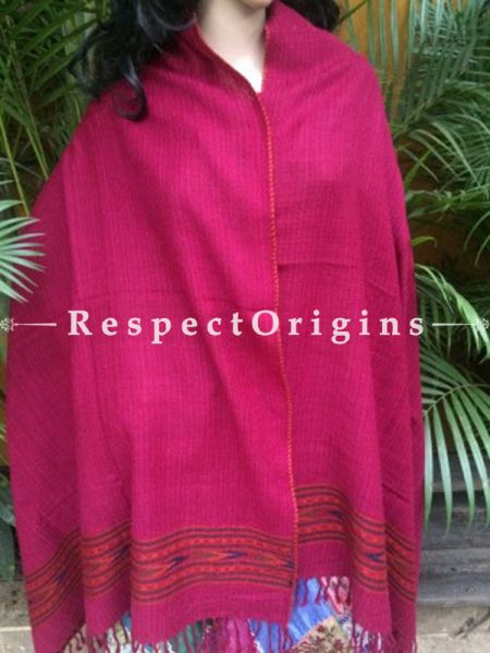 Pink Handwoven Pure Woolen Kullu Shawls From Himachal with Red Borders; 40x84 In; RespectOrigins.com