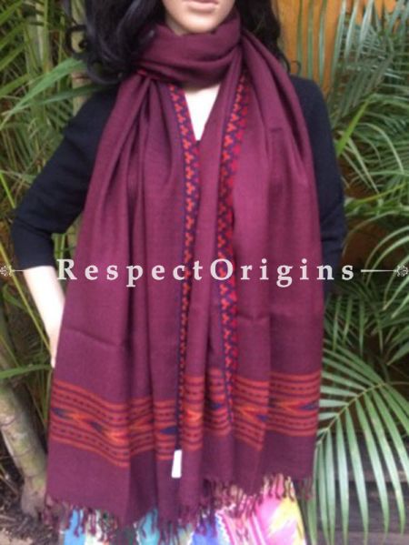 Plum Handwoven Pure Woolen Kullu Shawls From Himachal with Red Borders; 40x84 In; RespectOrigins.com
