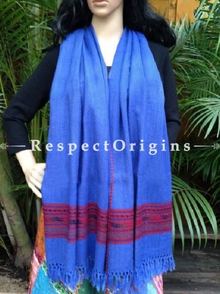 Handwoven FRinged Kullu Handloom Pure Woolen Warm and Soft Traditional Himachal Blue Stole for Girls and Women; RespectOrigins.com