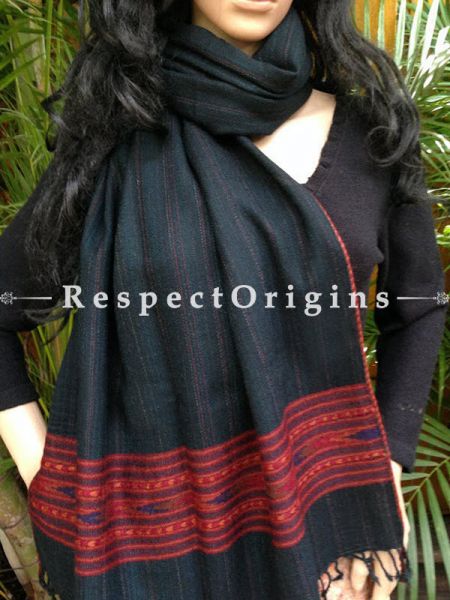 Black Handwoven Embroidery FRinged Kullu Handloom Pure Woolen Warm and Soft Traditional Himachal Stole for Girls and Women; RespectOrigins.com
