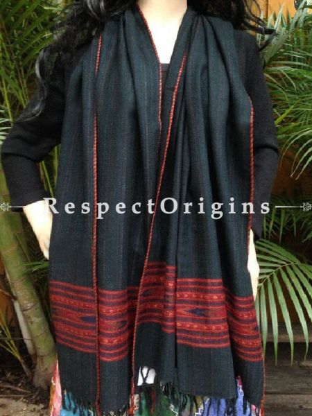 Black Handwoven FRinged Kullu Handloom Pure Woolen Warm and Soft Traditional Himachal Stole for Girls and Women; RespectOrigins.com