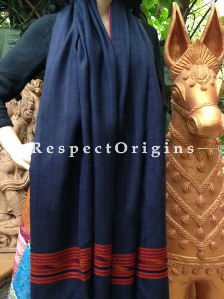Handwoven FRinged Blue Kullu Handloom Pure Woolen Warm and Soft Traditional Himachal Stole for Girls and Women; RespectOrigins.com
