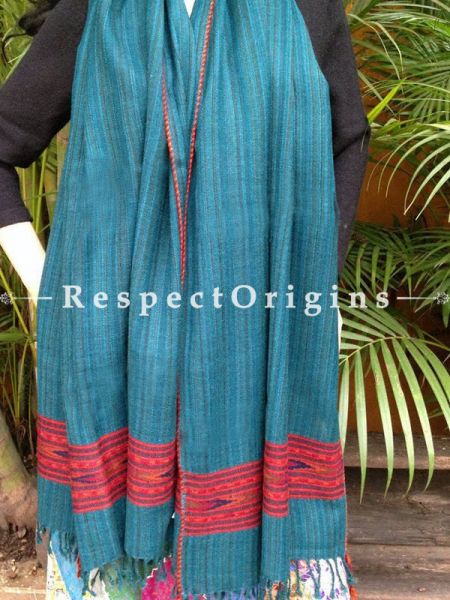 Blue Handwoven FRinged Kullu Handloom Pure Woolen Warm and Soft Traditional Himachal Stole for Girls and Women; RespectOrigins.com
