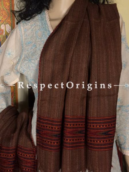 Brown Hand woven Woolen Kullu Stoles From Himachal with orange border; Size 80 x 27 inches; RespectOrigins.com