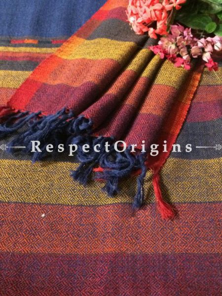 Blue Hand woven Woolen Kullu Stoles From Himachal with multiple borders; Size 80 x 27 inches; RespectOrigins.com
