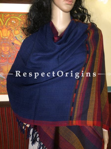 Blue Hand woven Woolen Kullu Stoles From Himachal with multiple borders; Size 80 x 27 inches; RespectOrigins.com