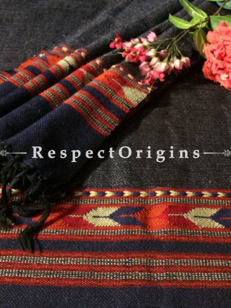 Black Hand woven Woolen Kullu Stoles From Himachal with orange border; Size 80 x 27 inches; RespectOrigins.com