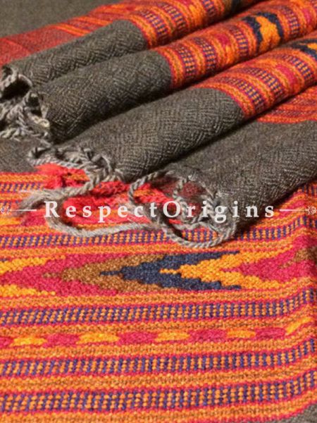 Grey base Hand woven Woolen Kullu Stoles From Himachal with orange borders; Size 80 x 27 inches; RespectOrigins.com