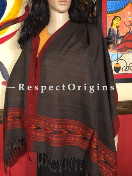 Grey base Hand woven Woolen Kullu Stoles From Himachal with orange borders; Size 80 x 27 inches; RespectOrigins.com