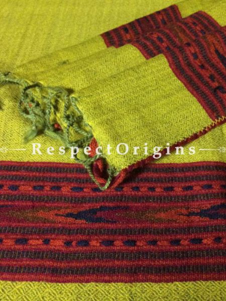Yellow Hand woven Woolen Kullu Stoles From Himachal with maroon borders; Size 80 x 27 inches; RespectOrigins.com