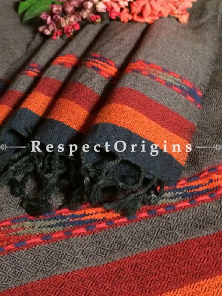 Grey Hand woven Woolen Kullu Stoles From Himachal with orange red duo border; Size 80 x 27 inches; RespectOrigins.com