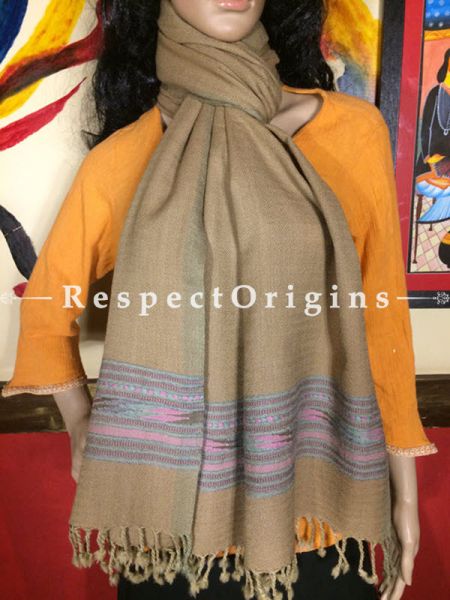 Golden Hand woven Woolen Kullu Stoles From Himachal with Pink grey borders; Size 80 x 27 inches; RespectOrigins.com