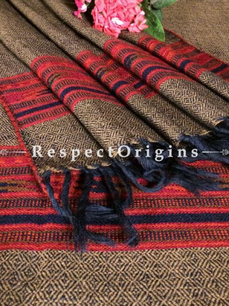Brown Hand woven Woolen Kullu Stoles From Himachal with red borders; Size 80 x 27 inches; RespectOrigins.com