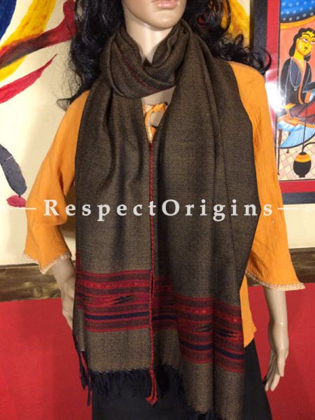 Brown Hand woven Woolen Kullu Stoles From Himachal with red borders; Size 80 x 27 inches; RespectOrigins.com