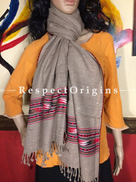 Brown Hand woven Woolen Kullu Stoles From Himachal with white-Pink border; Size 80 x 27 inches; RespectOrigins.com