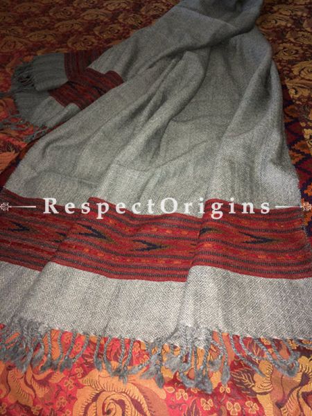Grey base Hand woven Woolen Kullu Stoles From Himachal with red borders; Size 80 x 27 inches; RespectOrigins.com