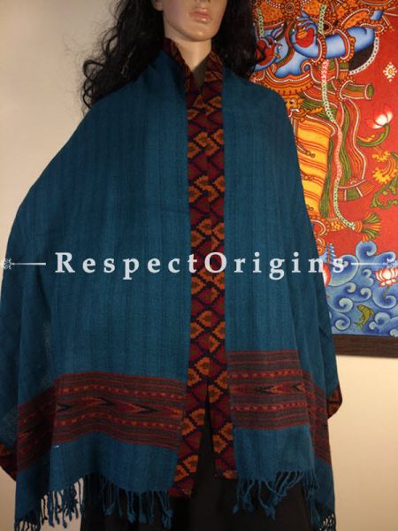 Blue with orange floral borders Hand woven Woolen Kullu Stoles From Himachal; Size 80 x 27 inches; RespectOrigins.com