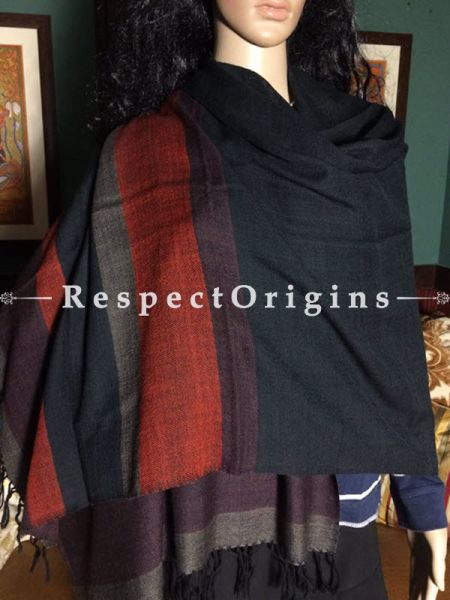 Parallel striped dark brown border Hand woven Woolen Kullu Stoles From Himachal; Size 80 x 27 inches; RespectOrigins.com
