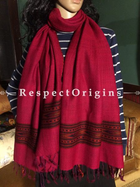 Pink Hand woven Woolen Kullu Stoles From Himachal with maroon border; Size 80 x 27 inches; RespectOrigins.com