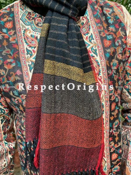 Black and Red Pure wool Unisex Himalayan Kullu Scarf for Men and Women; RespectOrigins.com