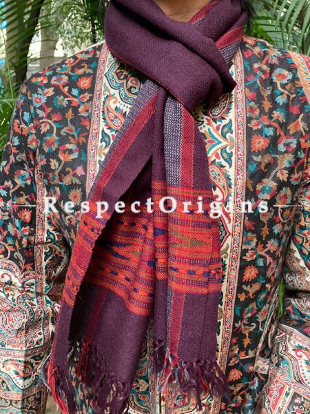 Maroon and Red Pure wool Unisex Himalayan Kullu Scarf for Men and Women; RespectOrigins.com