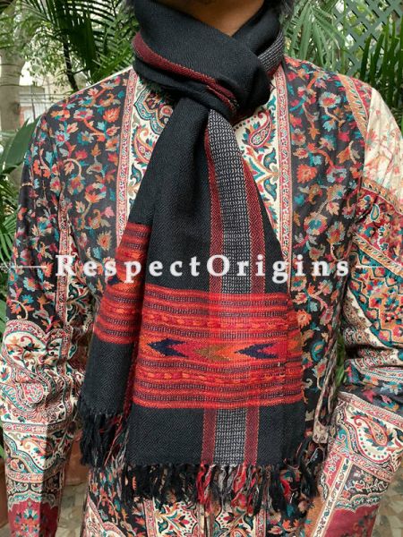 Black and Red Pure wool Unisex Himalayan Kullu Scarf for Men and Women; RespectOrigins.com