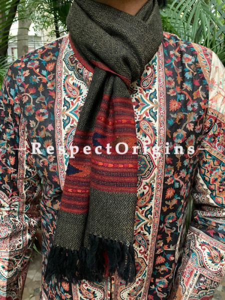 Gray and Red Pure wool Unisex Himalayan Kullu Scarf for Men and Women; RespectOrigins.com