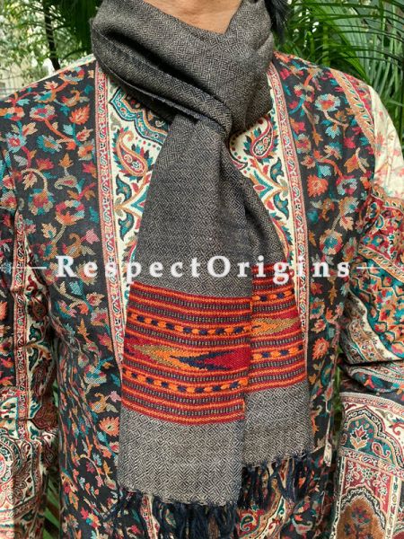 Gray and Red Pure wool Unisex Himalayan Kullu Scarf for Men and Women; RespectOrigins.com