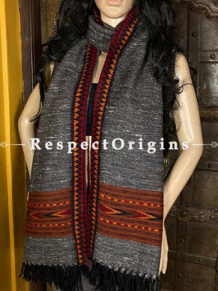 Gray Handwoven Woolen Kullu Stoles From Himachal with multiColor borders; Size 80 x 28 inches; RespectOrigins.com